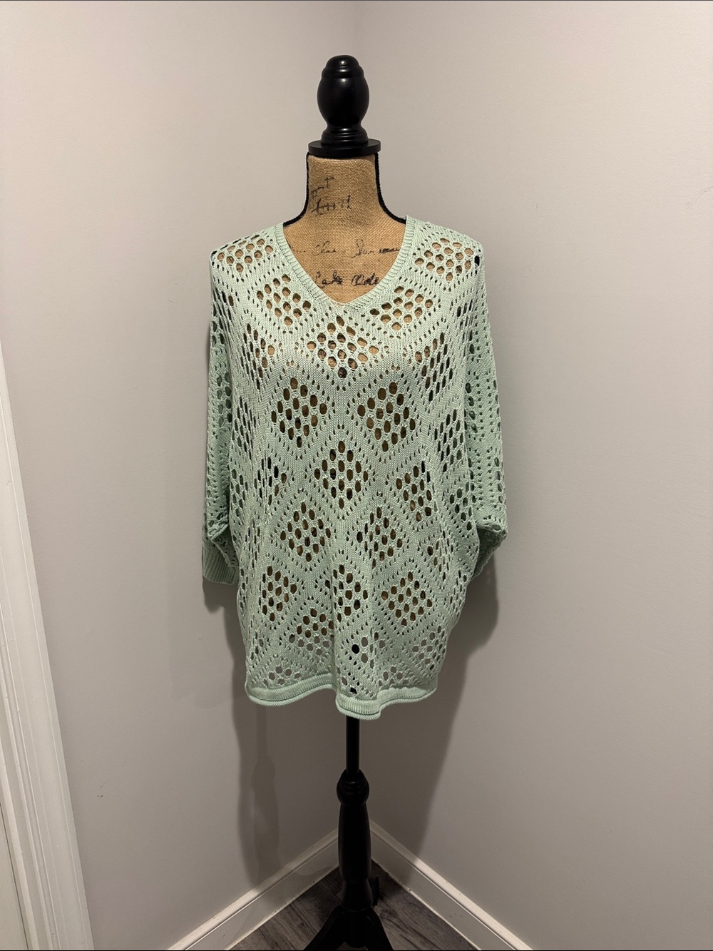 Light Mint Crochet Open-Knit V-Neck Sweater